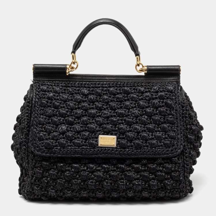 Pre Owned Dolce & Gabbana Black Woven Raffia and Leather Large Miss Sicily Top Handle Bag