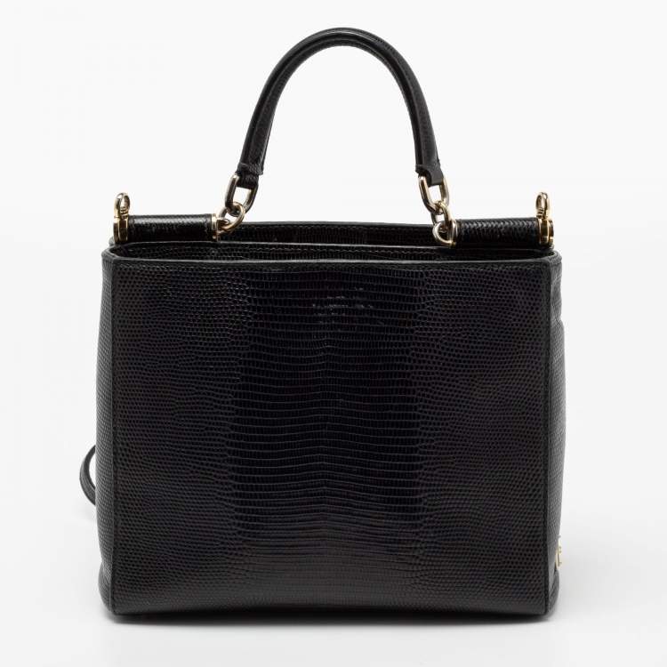 مملوكة مسبقًا Dolce & Gabbana Black Lizard Embossed Leather Miss Sicily Top Handle Bag