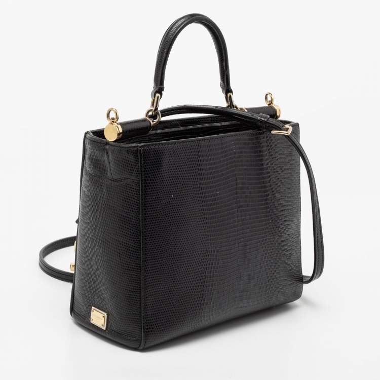 مملوكة مسبقًا Dolce & Gabbana Black Lizard Embossed Leather Miss Sicily Top Handle Bag