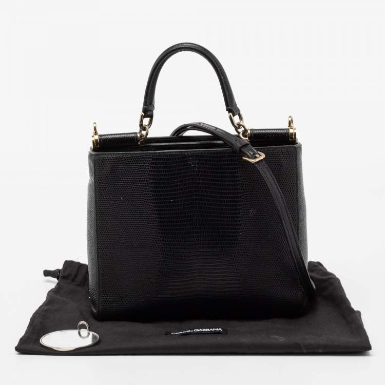 مملوكة مسبقًا Dolce & Gabbana Black Lizard Embossed Leather Miss Sicily Top Handle Bag