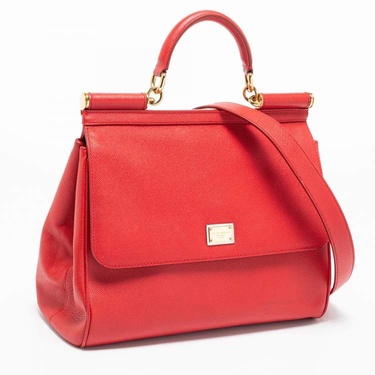 Pre Owned Dolce & Gabbana Red Leather Large Miss Sicily Top Handle Bag