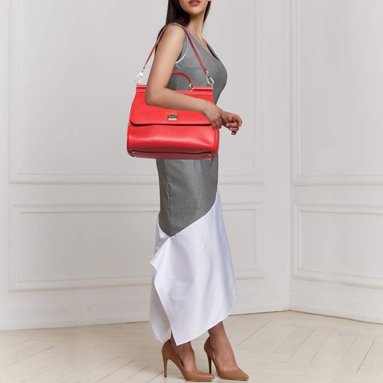 Pre Owned Dolce & Gabbana Red Leather Large Miss Sicily Top Handle Bag