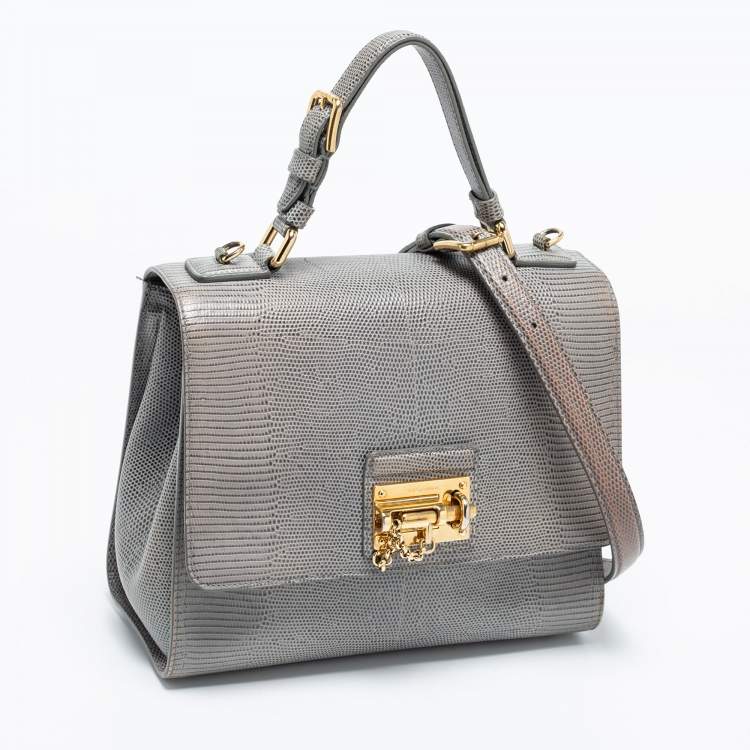 Pre Owned Dolce & Gabbana Grey Lizard Embossed Leather Medium Miss Monica Top Handle Bag