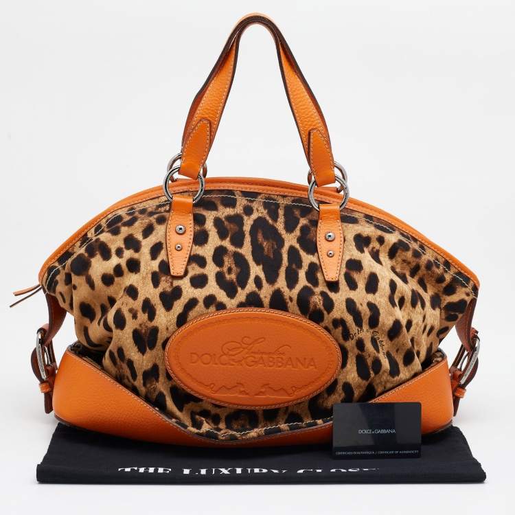 Pre Owned Dolce & Gabbana Orange/Brown Animal Print Canvas and Leather Animalier Satchel