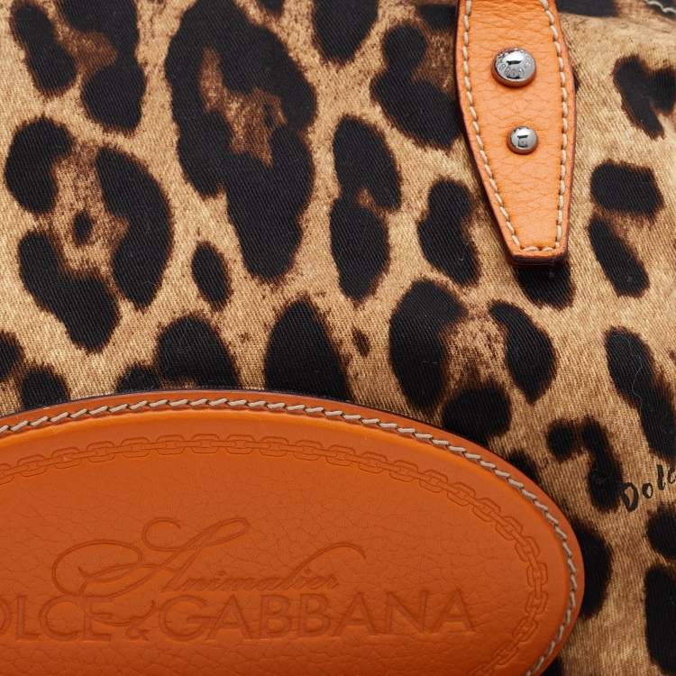 Pre Owned Dolce & Gabbana Orange/Brown Animal Print Canvas and Leather Animalier Satchel
