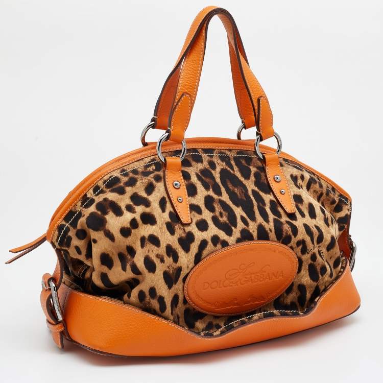 Pre Owned Dolce & Gabbana Orange/Brown Animal Print Canvas and Leather Animalier Satchel