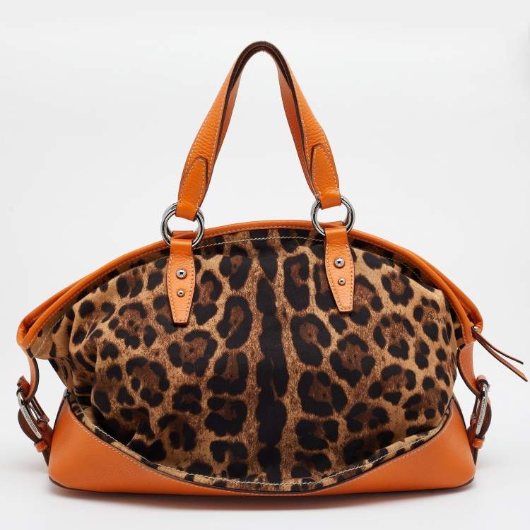 Pre Owned Dolce & Gabbana Orange/Brown Animal Print Canvas and Leather Animalier Satchel