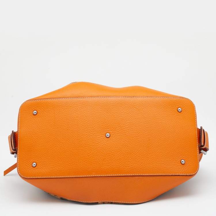 Pre Owned Dolce & Gabbana Orange/Brown Animal Print Canvas and Leather Animalier Satchel