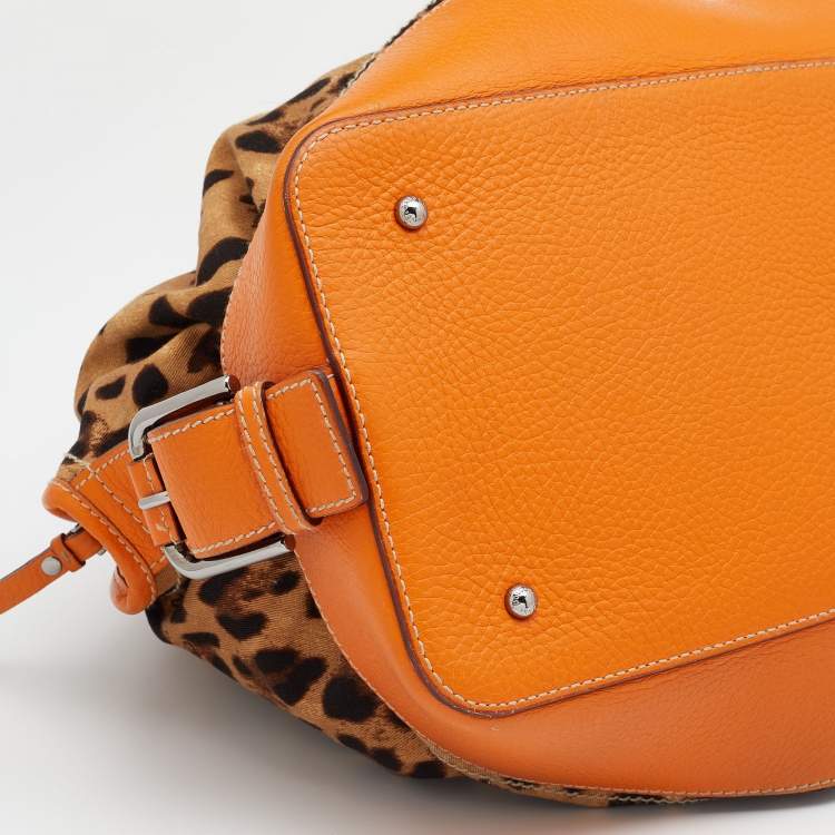 Pre Owned Dolce & Gabbana Orange/Brown Animal Print Canvas and Leather Animalier Satchel