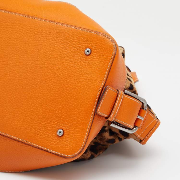 Pre Owned Dolce & Gabbana Orange/Brown Animal Print Canvas and Leather Animalier Satchel