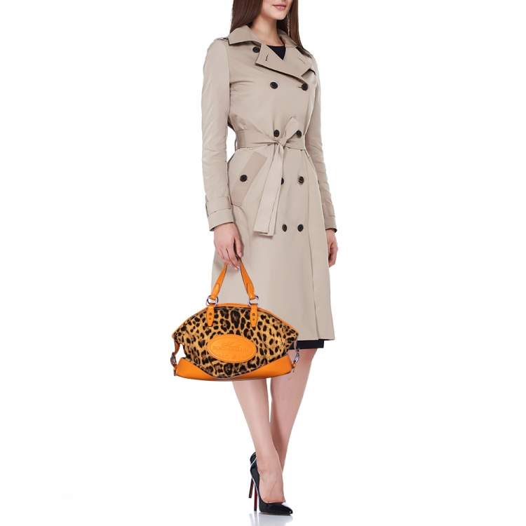 Pre Owned Dolce & Gabbana Orange/Brown Animal Print Canvas and Leather Animalier Satchel