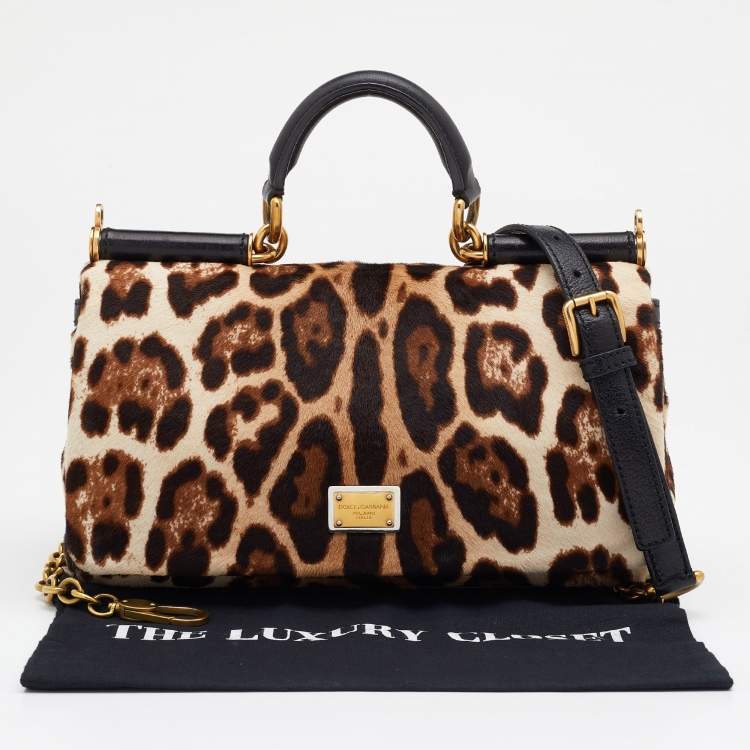 Pre Owned Dolce & Gabbana Beige/Brown Animal Print Calf Hair Miss Sicily Top Handle Bag