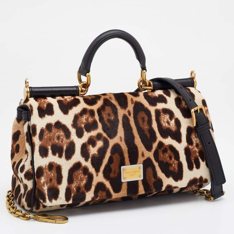 Pre Owned Dolce & Gabbana Beige/Brown Animal Print Calf Hair Miss Sicily Top Handle Bag