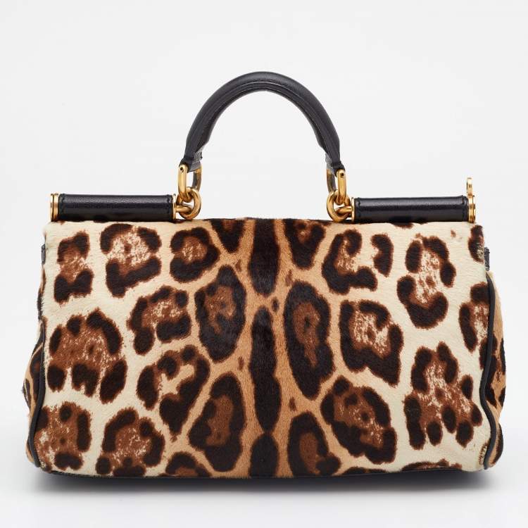 Pre Owned Dolce & Gabbana Beige/Brown Animal Print Calf Hair Miss Sicily Top Handle Bag