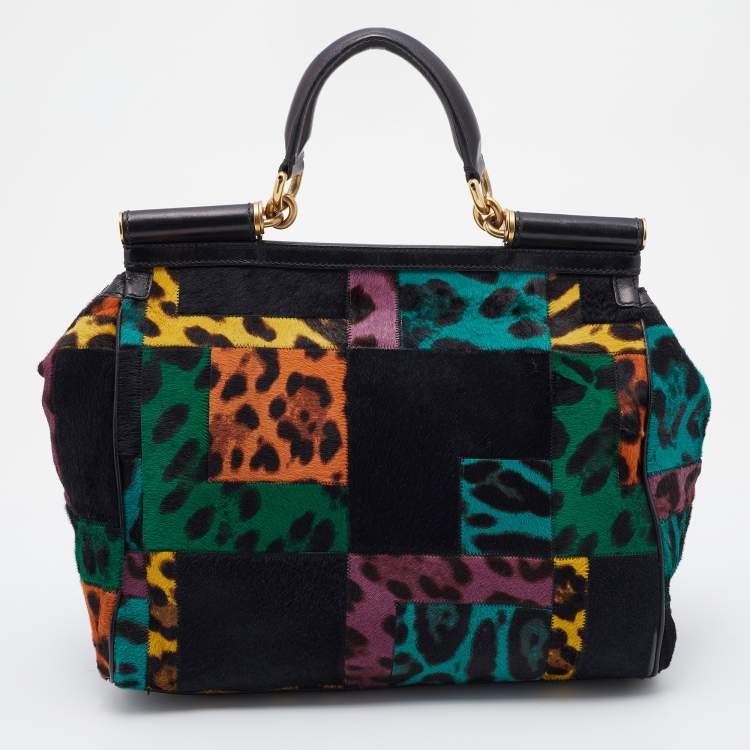 Pre Owned Dolce & Gabbana Multicolor Patchwork Calf Hair and Leather Large Miss Sicily Top Handle Bag
