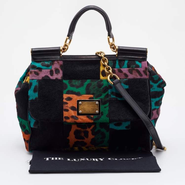 Pre Owned Dolce & Gabbana Multicolor Patchwork Calf Hair and Leather Large Miss Sicily Top Handle Bag