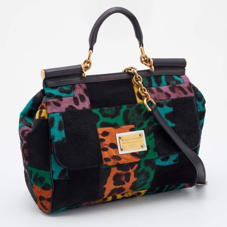 Pre Owned Dolce & Gabbana Multicolor Patchwork Calf Hair and Leather Large Miss Sicily Top Handle Bag