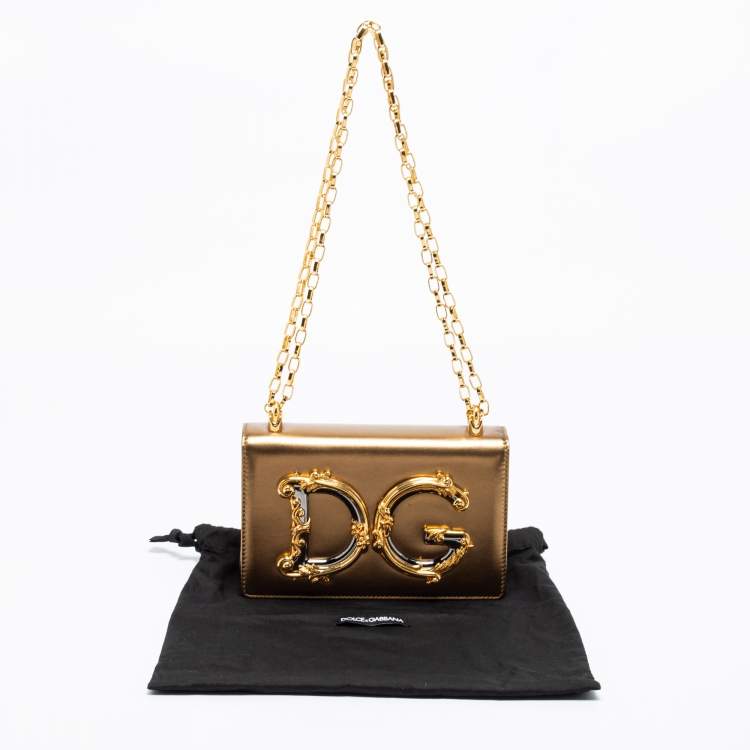Pre Owned Dolce & Gabbana Metallic Gold Leather DG Girls Shoulder Bag