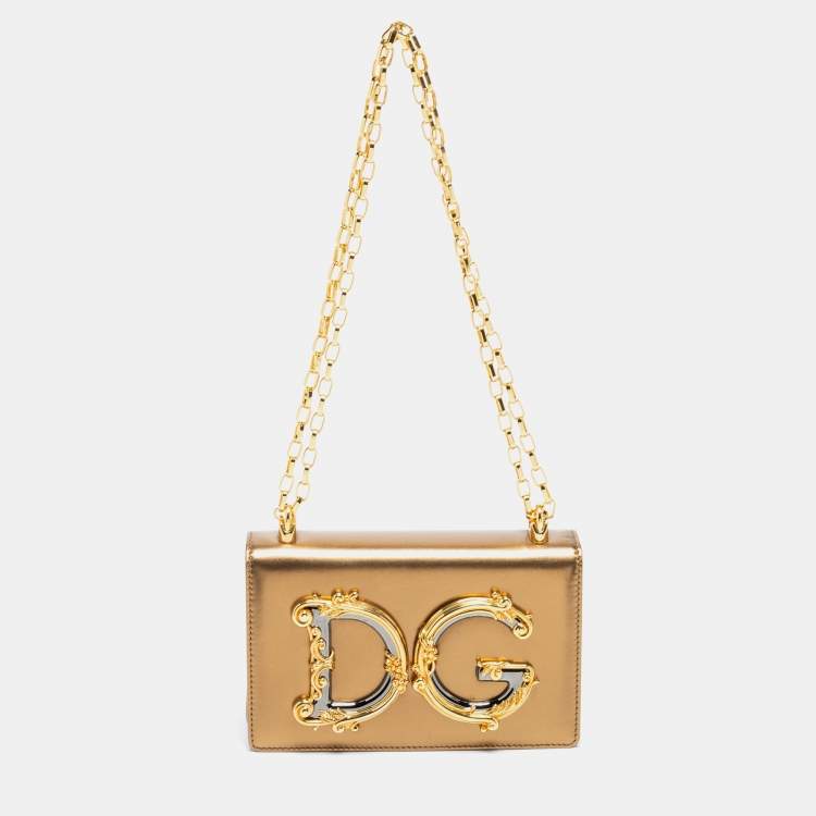 Pre Owned Dolce & Gabbana Metallic Gold Leather DG Girls Shoulder Bag