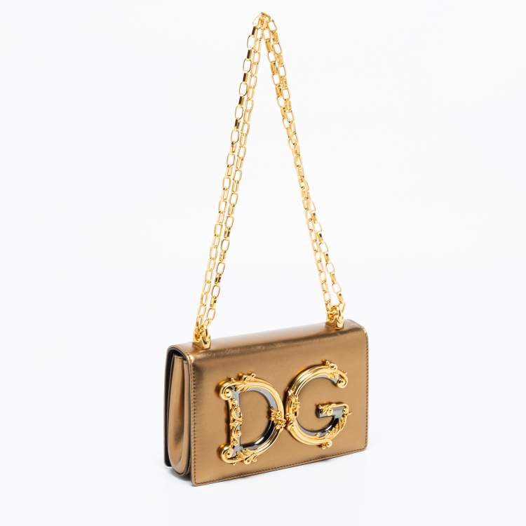 Pre Owned Dolce & Gabbana Metallic Gold Leather DG Girls Shoulder Bag