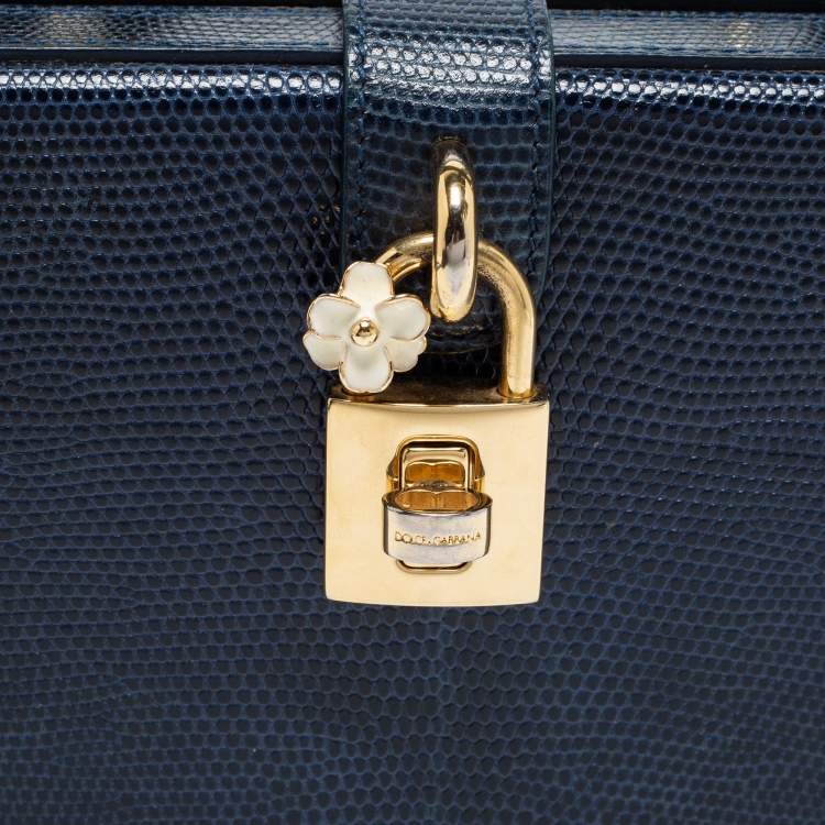 Pre Owned Dolce & Gabbana Blue Lizard Embossed Leather Rosaria Box Top Handle Bag            