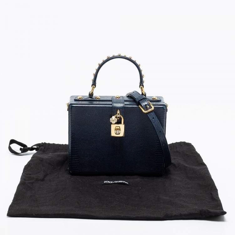 Pre Owned Dolce & Gabbana Blue Lizard Embossed Leather Rosaria Box Top Handle Bag            