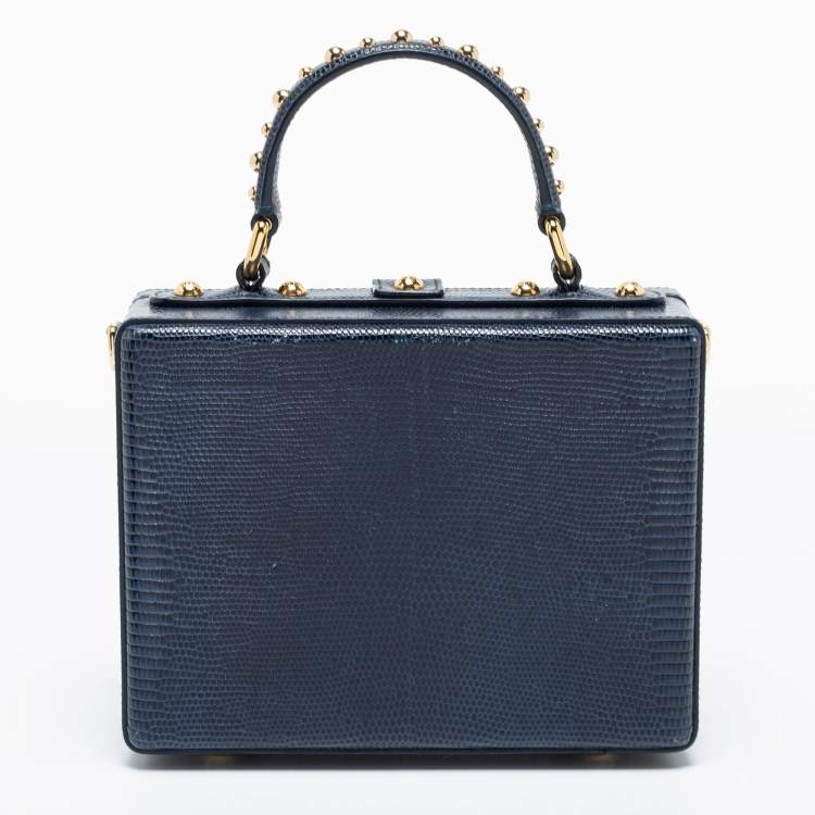Pre Owned Dolce & Gabbana Blue Lizard Embossed Leather Rosaria Box Top Handle Bag            
