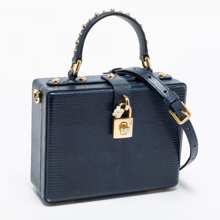 Pre Owned Dolce & Gabbana Blue Lizard Embossed Leather Rosaria Box Top Handle Bag            