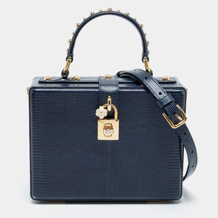 Pre Owned Dolce & Gabbana Blue Lizard Embossed Leather Rosaria Box Top Handle Bag            