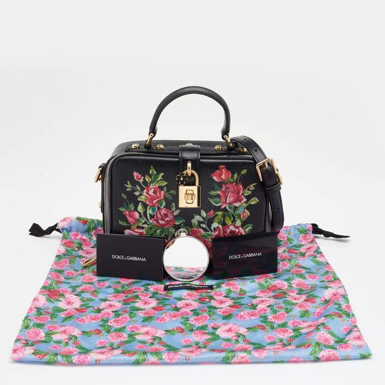 Pre Owned Dolce & Gabbana Black Printed Rose Leather Box Top Handle Bag