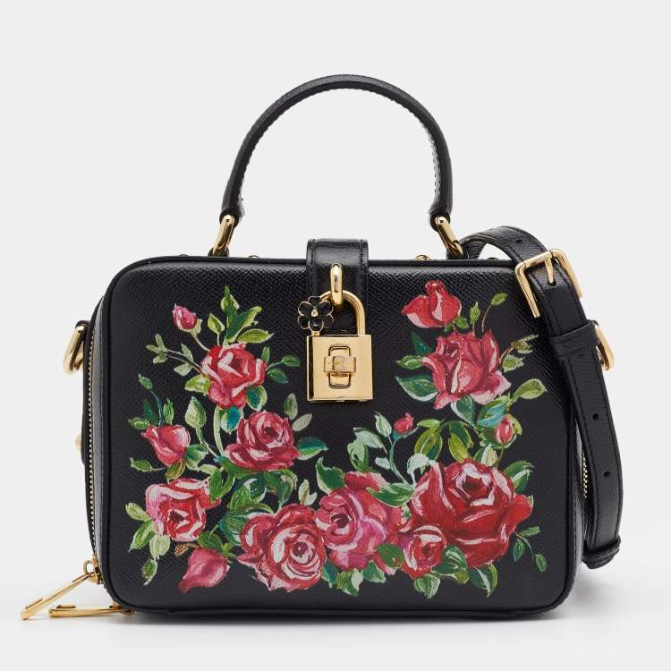 Pre Owned Dolce & Gabbana Black Printed Rose Leather Box Top Handle Bag