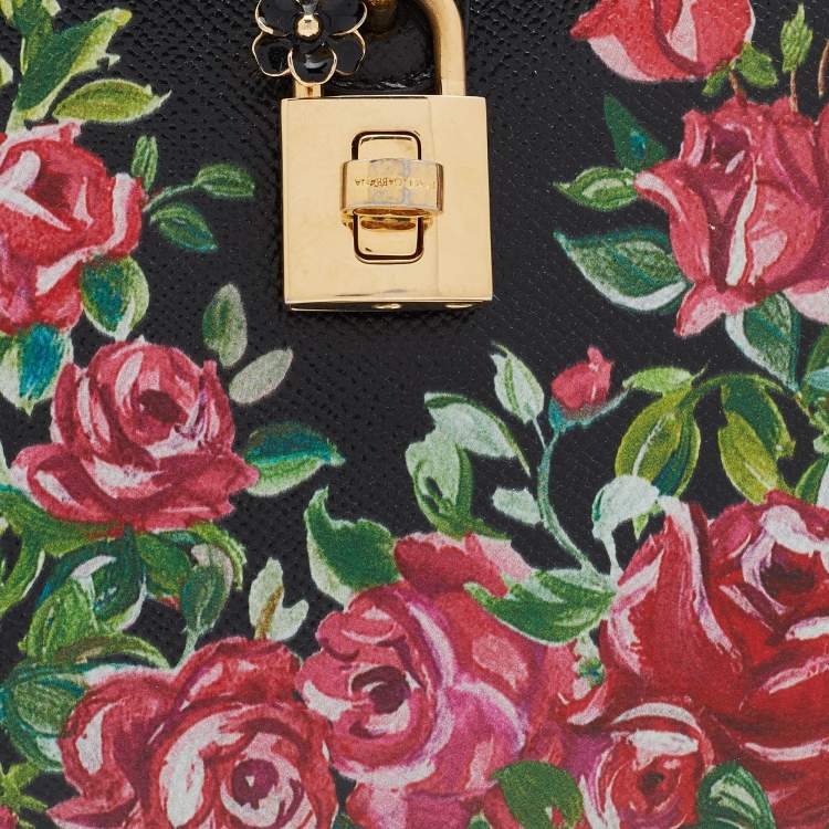 Pre Owned Dolce & Gabbana Black Printed Rose Leather Box Top Handle Bag