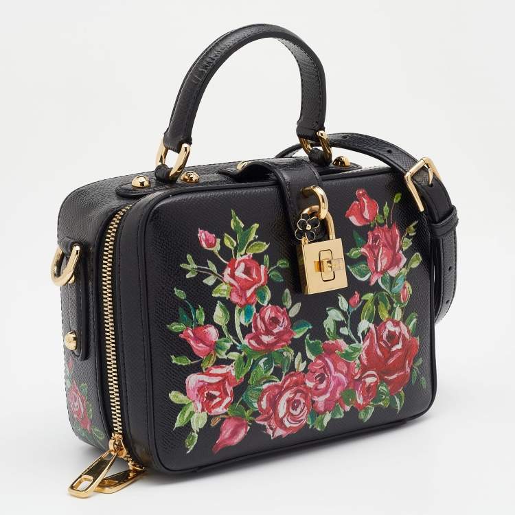 Pre Owned Dolce & Gabbana Black Printed Rose Leather Box Top Handle Bag