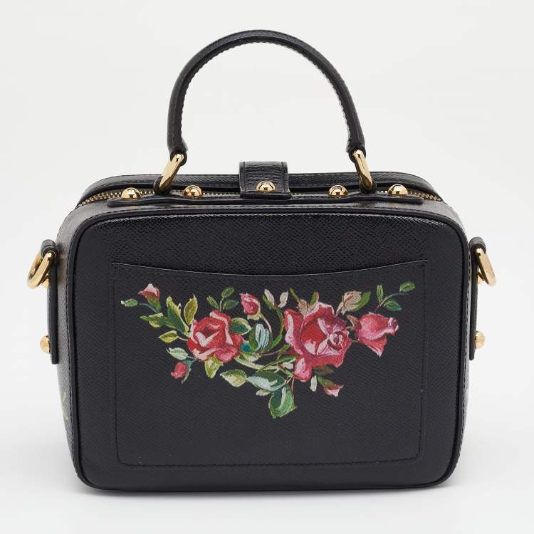 Pre Owned Dolce & Gabbana Black Printed Rose Leather Box Top Handle Bag
