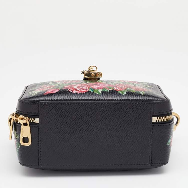 Pre Owned Dolce & Gabbana Black Printed Rose Leather Box Top Handle Bag