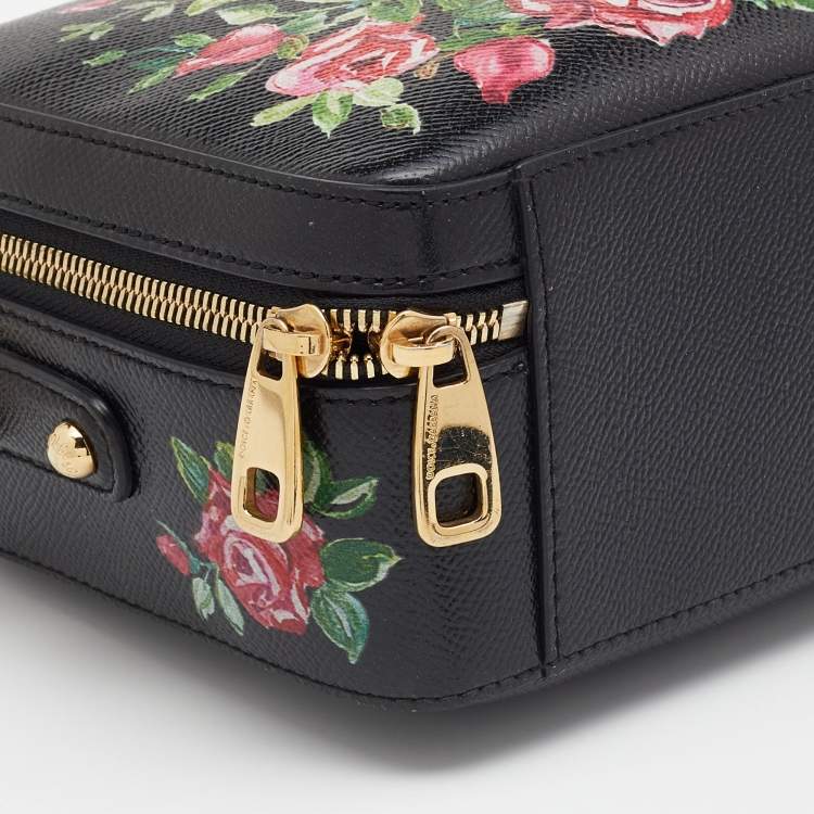 Pre Owned Dolce & Gabbana Black Printed Rose Leather Box Top Handle Bag
