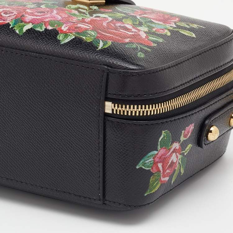 Pre Owned Dolce & Gabbana Black Printed Rose Leather Box Top Handle Bag