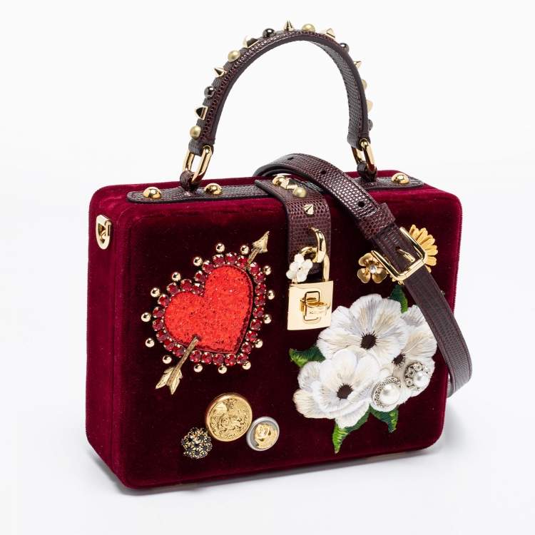 Pre Owned Dolce & Gabbana Burgundy Velvet and Lizard Embossed Leather Embellished Box Bag
