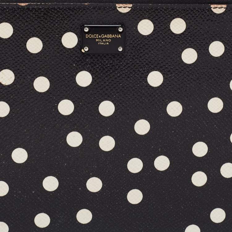 Pre Owned Dolce & Gabbana Black/White Polka Dot Print Leather 10CC Pouch
