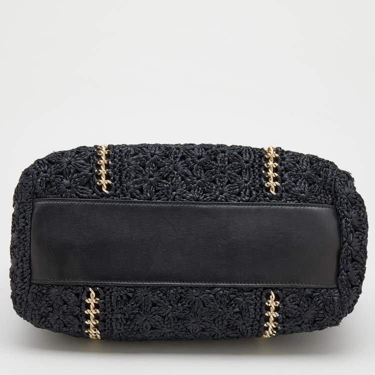 Pre Owned Dolce & Gabbana Black Woven Raffia And Leather Large Sicily Top Handle Bag