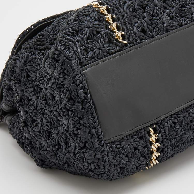 Pre Owned Dolce & Gabbana Black Woven Raffia And Leather Large Sicily Top Handle Bag