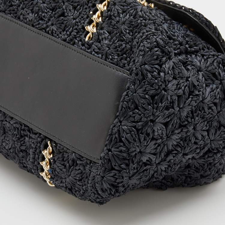 Pre Owned Dolce & Gabbana Black Woven Raffia And Leather Large Sicily Top Handle Bag