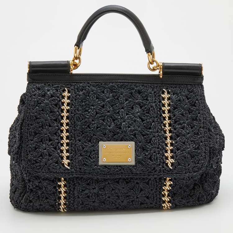 Pre Owned Dolce & Gabbana Black Woven Raffia And Leather Large Sicily Top Handle Bag