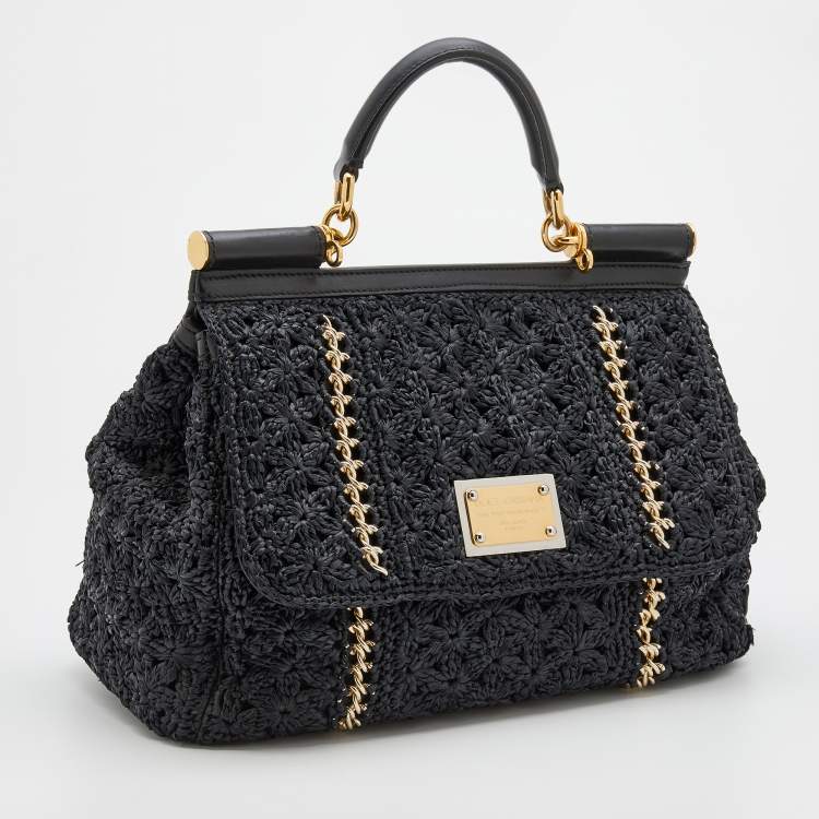Pre Owned Dolce & Gabbana Black Woven Raffia And Leather Large Sicily Top Handle Bag