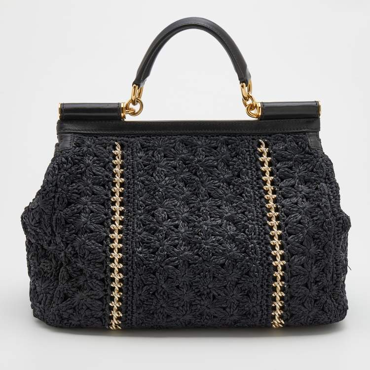 Pre Owned Dolce & Gabbana Black Woven Raffia And Leather Large Sicily Top Handle Bag