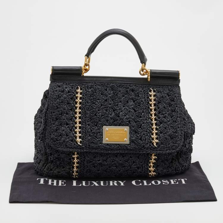 Pre Owned Dolce & Gabbana Black Woven Raffia And Leather Large Sicily Top Handle Bag