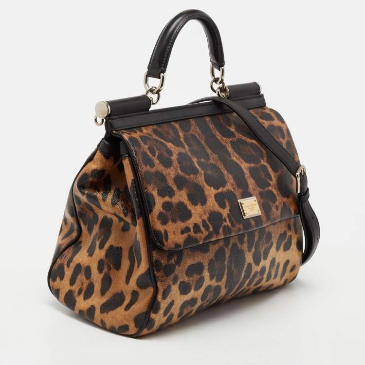 مملوكة مسبقًا Dolce & Gabbana Black Leopard Print Coated Canvas And Leather Large Miss Sicily Top Handle Bag