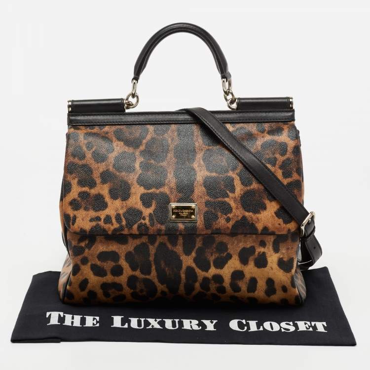 مملوكة مسبقًا Dolce & Gabbana Black Leopard Print Coated Canvas And Leather Large Miss Sicily Top Handle Bag