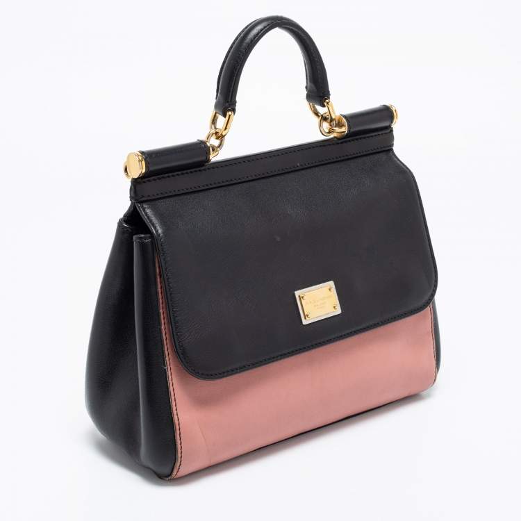 Pre Owned Dolce & Gabbana Black/Pink Leather Medium Miss Sicily Top Handle Bag