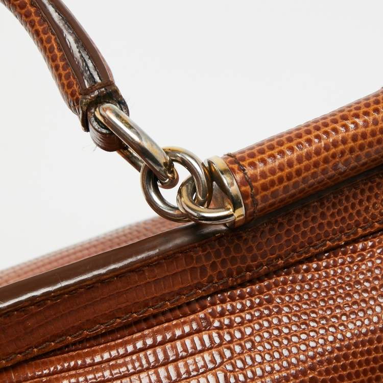 مملوكة مسبقًا Dolce & Gabbana Brown Iguana Emobossed Leather Small Miss Sicily Top Handle Bag